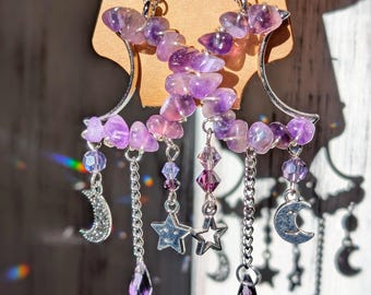 Amethyst Moon Dangle Earrings Amethyst Jewelry Silver Earrings Boho Accessories Hippie Jewelry Summer Earrings Celestial Moon Goddess