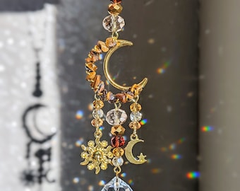Tigers Eye Moon Suncatcher Car Decor Celestial Moon Sun Catcher Tigers Eye Rear View Mirror Car Hanger Crystal Moon Car Charm Sun Goddess