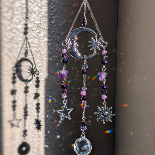 Amethyst Moon Goddess Suncatcher Car Decor Celestial Amethyst Crescent Moon Sun Catcher Amethyst Rear View Mirror Goddess Amethyst Sun