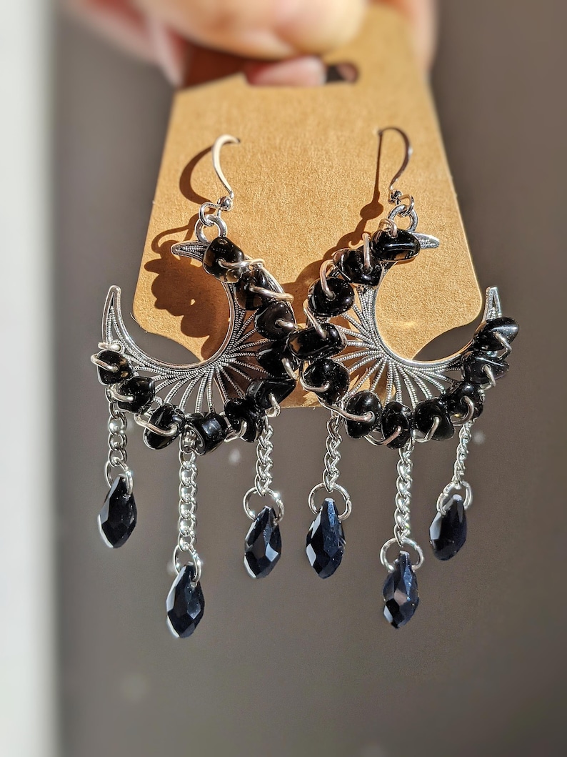 Obsidian Moon Witchy Earrings Whimsigoth Jewelry Celestial Accessories Silver Moon Gothic Jewelry Gift image 2