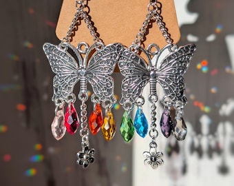 Rainbow Butterfly Earrings Silver Dangle Earrings Sun Goddess Silver Jewelry Butterfies Boho Accessories Hippie Jewelry