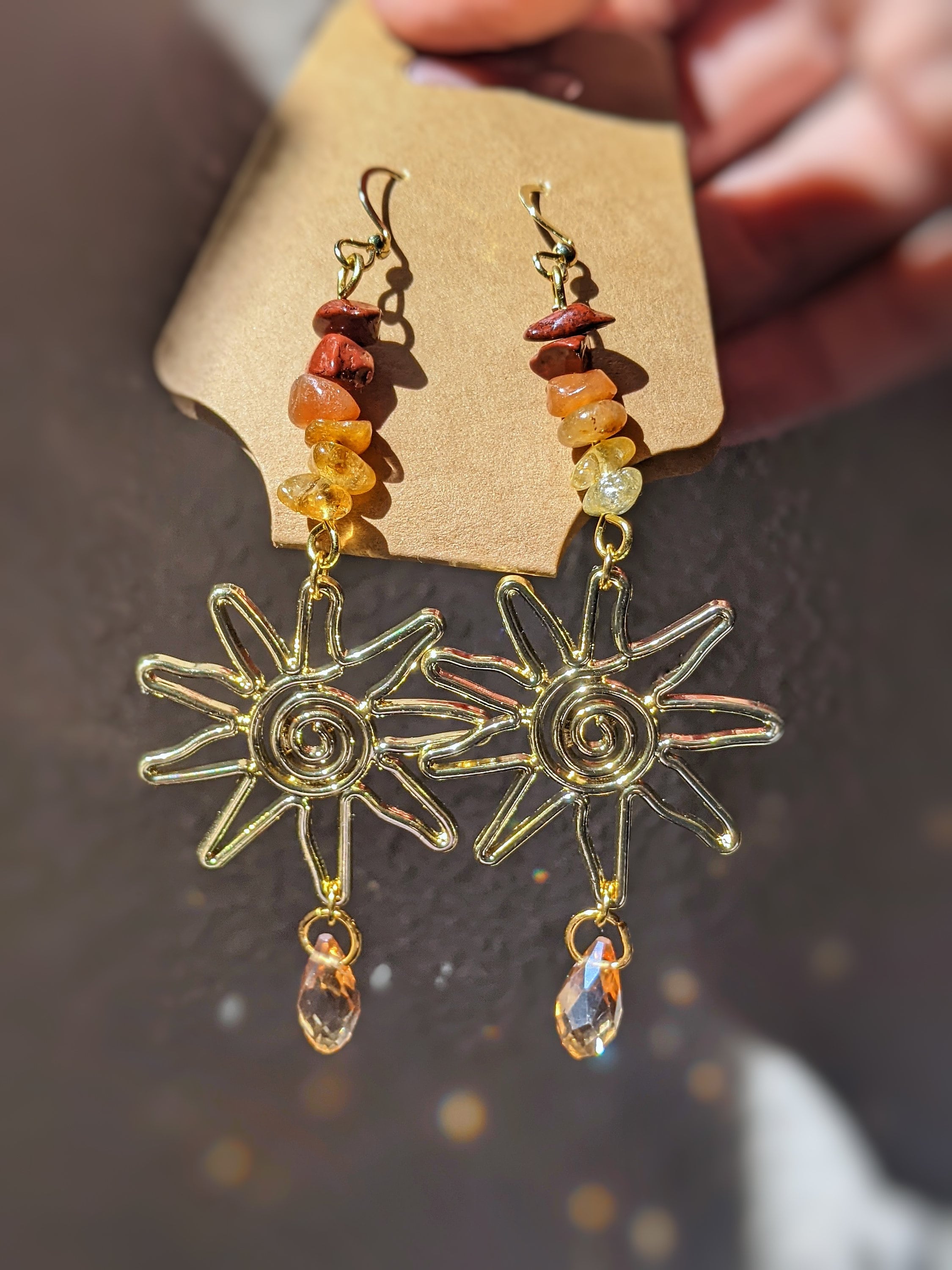 Sun Goddess Gold Dangle Earrings Citrine Quartz Jewelry Agate Earrings Boho Accessories Hippie Jewelry Gold Summer Earrings Celestial Sun