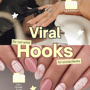 May include: A digital download graphic featuring the text Viral Hooks for nail artist for social media with 100 + Hooks & get another rebook free. The image displays manicured fingernails with pink, white, plaid, and bow nail art designs.