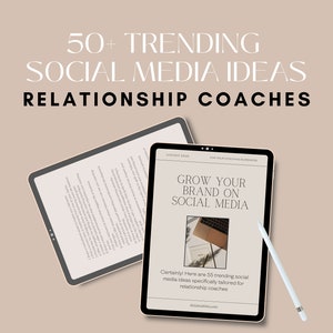 May include: A digital tablet displaying a document titled "Grow Your Brand on Social Media" with the text "Certainly! Here are 55 trending social media ideas specifically tailored for relationship coaches." The tablet is on a light brown surface with a white stylus.