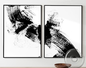 Modern Black & White Abstract Gallery wall Art Print Set of 2 Brush Strokes Painting