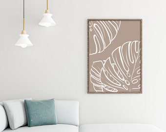 Monstera Leaf Line Art Print Boho Gallery Wall Art Botanical Neutral White Beige