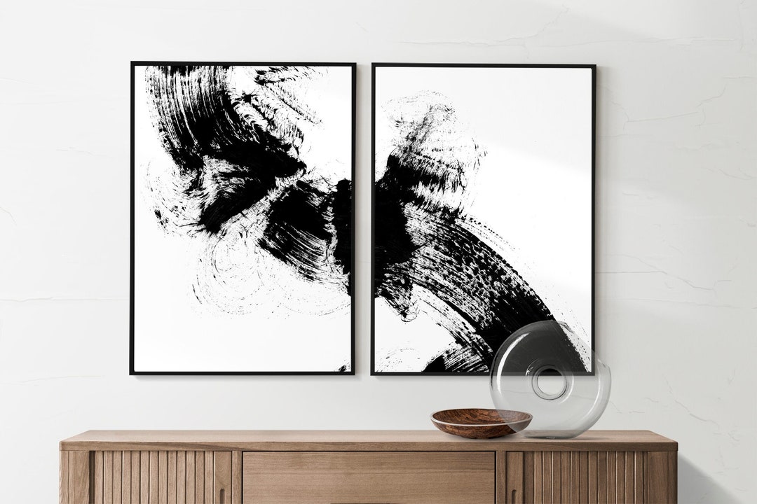 Modern Black & White Abstract Gallery Wall Art Print Set of 2 Brush ...