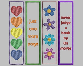 ITH Bookmarks Machine Embroidery Instant DIGITAL DOWNLOAD Four Bookmark Designs Hearts Flowers Satin Edge