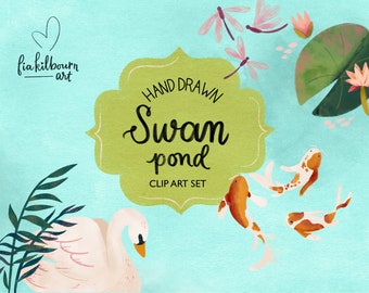 Swan, Baby en Pond Life Handgetekende illustraties Clipart Bundel-Direct downloaden PNG Graphics-Spring Art Collection