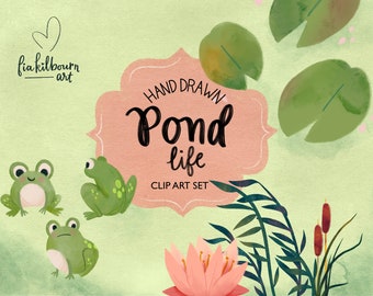 Pond Life Animals, Plants, Water Lilies Hand Drawn Illustrations Clipart Bundle-Instant Download PNG Graphics-Spring Art Collection