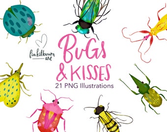 Kever Clipart Set-Schattige Grillige Bug Zinnen-Handgetekende Illustraties Bundel-Instant Download PNG Graphics-Insect Collection