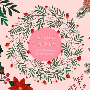 Winter Greenery Christmas Clipart Bundle-Instant Download PNG Graphics-Holiday Illustration Collection image 1