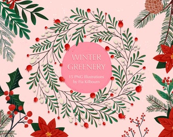 Winter Greenery Christmas Clipart Bundle-Instant Download PNG Graphics-Holiday Illustration Collection