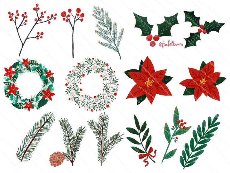 Winter Greenery Christmas Clipart Bundle-Instant Download PNG Graphics-Holiday Illustration Collection image 2