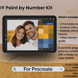May include: Digital DIY Paint by Number Kit for Procreate on iPad. The image shows a tablet displaying a portrait of a smiling couple, with a color palette and a stylus. The text on the image says "DIY Paint by Number Kit" and "For Procreate".