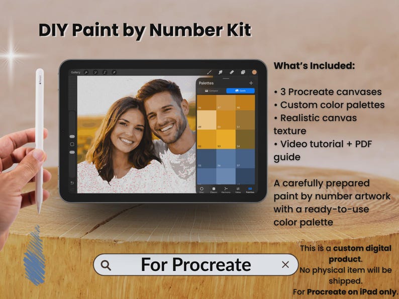 May include: Digital DIY Paint by Number Kit for Procreate on iPad. The image shows a tablet displaying a portrait of a smiling couple, with a color palette and a stylus. The text on the image says "DIY Paint by Number Kit" and "For Procreate".