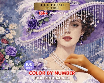 Victorian Lady Paint by Number for Procreate – Elegant Purple Hat Portrait (Digital Download)