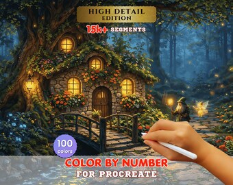 Enchanted Tree Cottage Paint by Number – Fairy Forest Procreate Digital Download