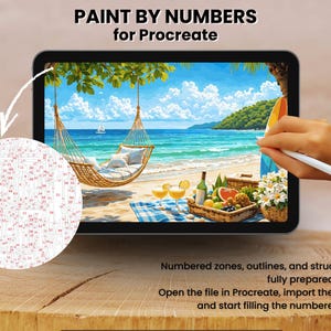 May include: A digital paint-by-numbers design for Procreate on a tablet. The image depicts a beach scene with a hammock, ocean, and picnic. The text reads "PAINT BY NUMBERS for Procreate". A hand holds a stylus, ready to paint.