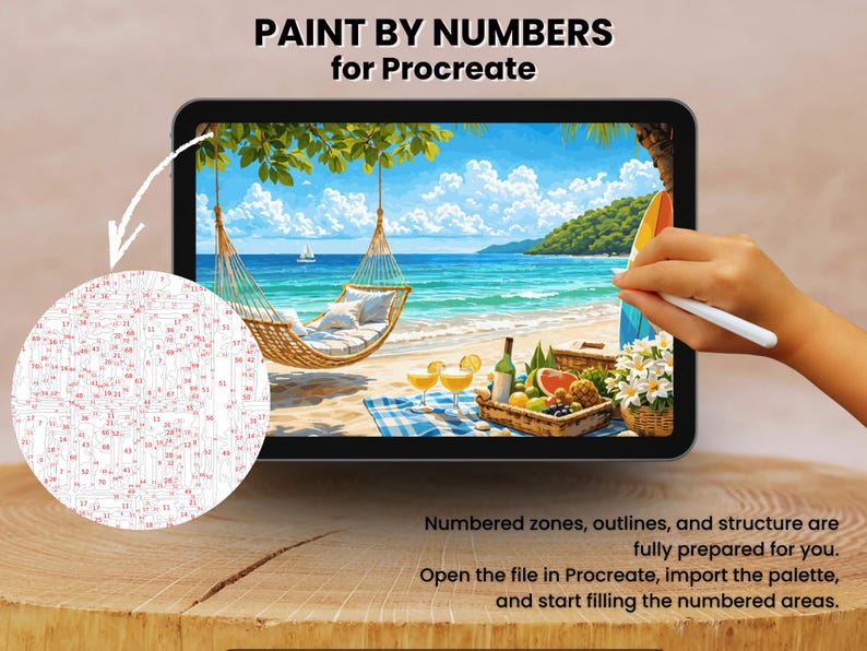May include: A digital paint-by-numbers design for Procreate on a tablet. The image depicts a beach scene with a hammock, ocean, and picnic. The text reads "PAINT BY NUMBERS for Procreate". A hand holds a stylus, ready to paint.