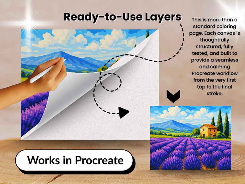 May include: Digital art canvas depicting a lavender field and mountain scenery. Text reads "Ready-to-Use Layers" and "Works in Procreate". A hand is shown using a stylus on the canvas, suggesting digital art creation.