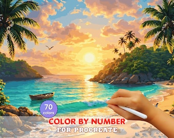 Golden Shore Cove Paint by Number for Procreate – Tropical Evening | Digital Download