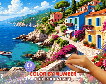 Mediterranean Coastal Village Paint by Number for Procreate – Colorful Seaside Street | Digital Download