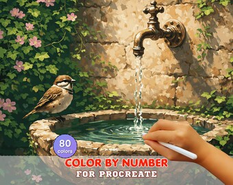 Garden Fountain Bird Paint by Number for Procreate – Peaceful Cottage Art | Digital Download