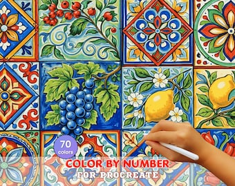 Colorful Mediterranean Tiles Paint by Number for Procreate – Decorative Ceramic Pattern Art | Digital Download