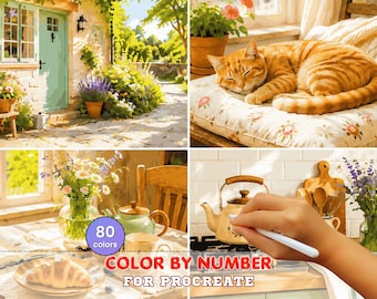 Cozy Cottage Paint by Number for Procreate – Cat, Tea, Garden (Digital Download)