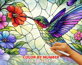 Hummingbird Stained Glass Paint by Number – Floral Mosaic Art for Procreate (Digital Download)