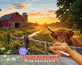 Highland Cow Farm Paint by Number for Procreate – Rustic Country Sunset Landscape | Digital Download