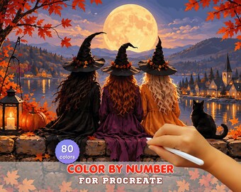 Halloween Color by Number for Procreate, Three Witches Digital Coloring Page, 80 Colors