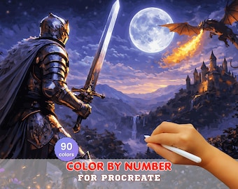 Knight vs Dragon Paint by Number for Procreate – Epic Fantasy Moon Scene | Digital Download