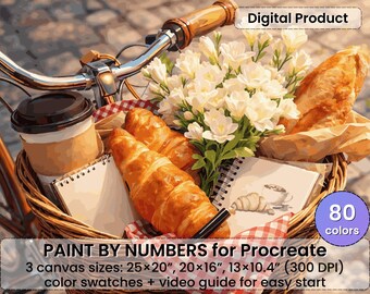 French Picnic Basket Paint by Number for Procreate – Croissants Coffee Cozy Scene | Digital Download