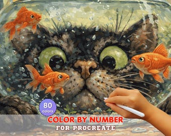 Funny Cat Goldfish Bowl Paint by Number for Procreate – Whimsical Pet Scene | Digital Download