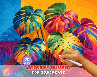 Colorful Monstera Leaves Paint by Number for Procreate – Tropical Modern Abstract Art | Digital Download