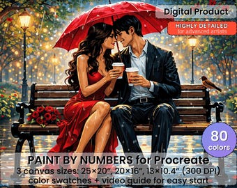 ロマンチックなカップルの雨の中のペイントバイナンバー（Procreate） – 傘の夜景（デジタルダウンロード）