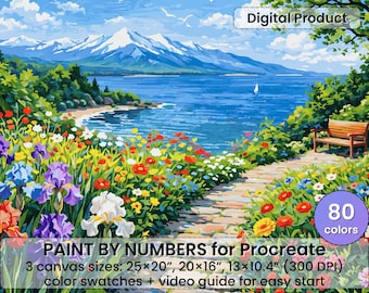 山の湖畔の花道　数字で描くペイントバイナンバー（Procreate用デジタルダウンロード）