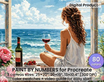 海辺の女性　Procreate用数字で描くペイントブック – ロマンチックな海の景色アート（デジタルダウンロード）