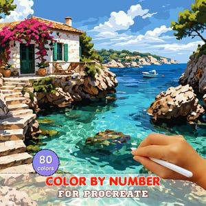 May include: Digital painting of a coastal scene featuring a white house, turquoise water, and a boat. The image includes the text "COLOR BY NUMBER FOR PROCREATE" and "80 colours". A hand holds a stylus.