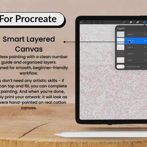 May include: A digital painting displayed on a tablet, with the text "For Procreate" at the top. The screen shows a layered canvas with a number guide. A white stylus rests below the tablet on a wooden surface.