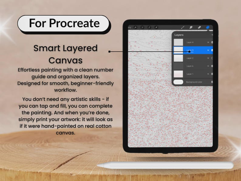 May include: A digital painting displayed on a tablet, with the text "For Procreate" at the top. The screen shows a layered canvas with a number guide. A white stylus rests below the tablet on a wooden surface.