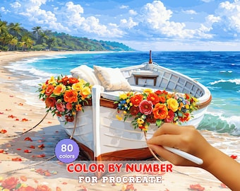 Flower Boat Paradise Paint by Number for Procreate – Tropical Beach Coastal Escape | Digital Download