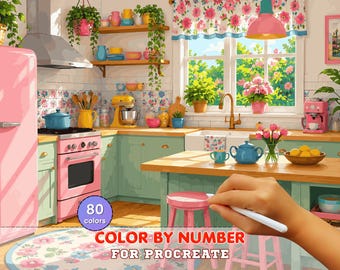 Pink Vintage Kitchen Paint by Number for Procreate – Cozy Cottage Interior | Digital Download