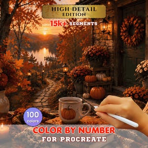May include: A digital colour by number kit for Procreate featuring an autumn landscape with a stone path, lake, pumpkins, and a cosy cottage. The image includes text reading HIGH DETAIL EDITION, 15k+ SEGMENTS, 100 colours, and Be kind Be grateful Be you.