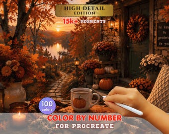Cozy Autumn Cottage Paint by Number for Procreate – Lakeside Fall Scene (Digital Download)