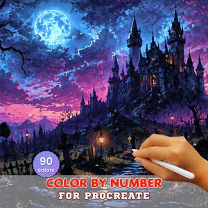 May include: A digital color by number artwork for Procreate featuring a gothic castle under a full moon in a purple and blue night sky. The scene includes a graveyard with crosses and lanterns. Text reads 90 colors, COLOR BY NUMBER, FOR PROCREATE.