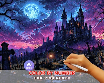 Haunted Castle Paint by Number – Gothic Fantasy, Full Moon Landscape (Digital Download)