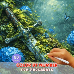 May include: A digital painting of a sword embedded in a tree, surrounded by blue hydrangeas and lush greenery. A blue butterfly flutters nearby. The text "80 colors" is in a purple circle, and "COLOR BY NUMBER FOR PROCREATE" is written below.